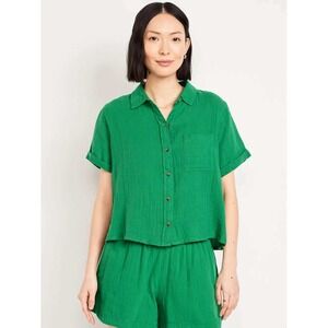 Old Navy Womens Green Cotton Gauze Short Sleeve Button Down Shirt XL NWT